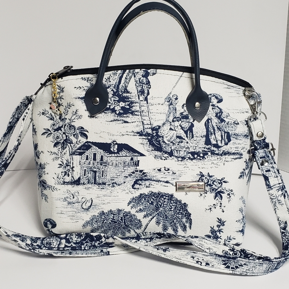 Handmade Blue And White Toile Canvas And Faux Leather Handbag.